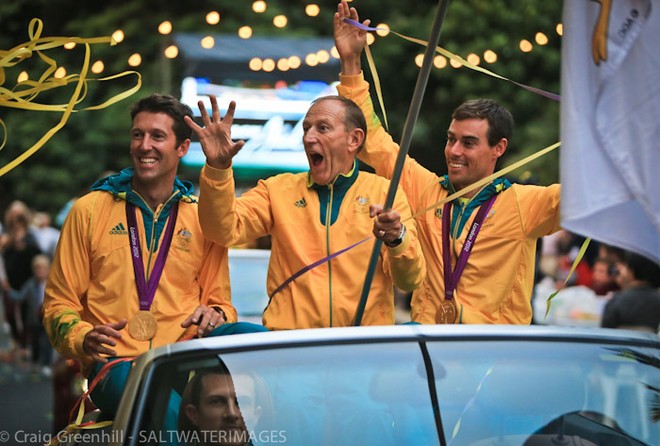 Gold winning 470 team Malcolm Page, Victor Kovalenko and Matthew Belcher  © Craig Greenhill / Saltwater Images http://www.saltwaterimages.com.au